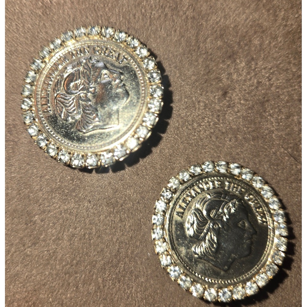 Vintage Alexander the‎ Great Gold Tone Coin Clip On Earrings Rhinestone Halo - Picture 4 of 4